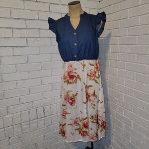 NWT PatPat Women's Denim & Floral Ruffle Sleeve Dress - Size M